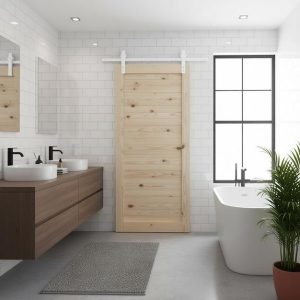 Horizontal Slat Barn Door With White Rail 4